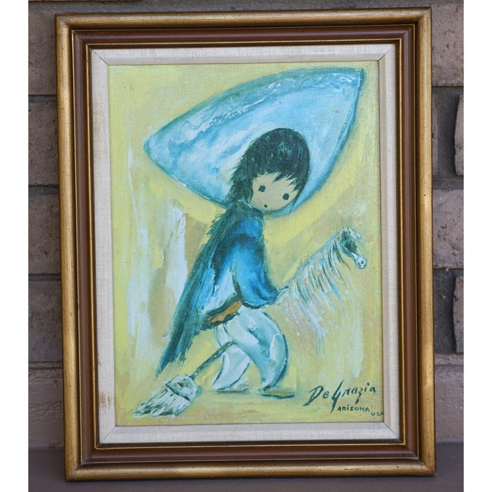 Vintage De Grazia Canvas Art‎ Reproduction "My First Horse" Framed Signed